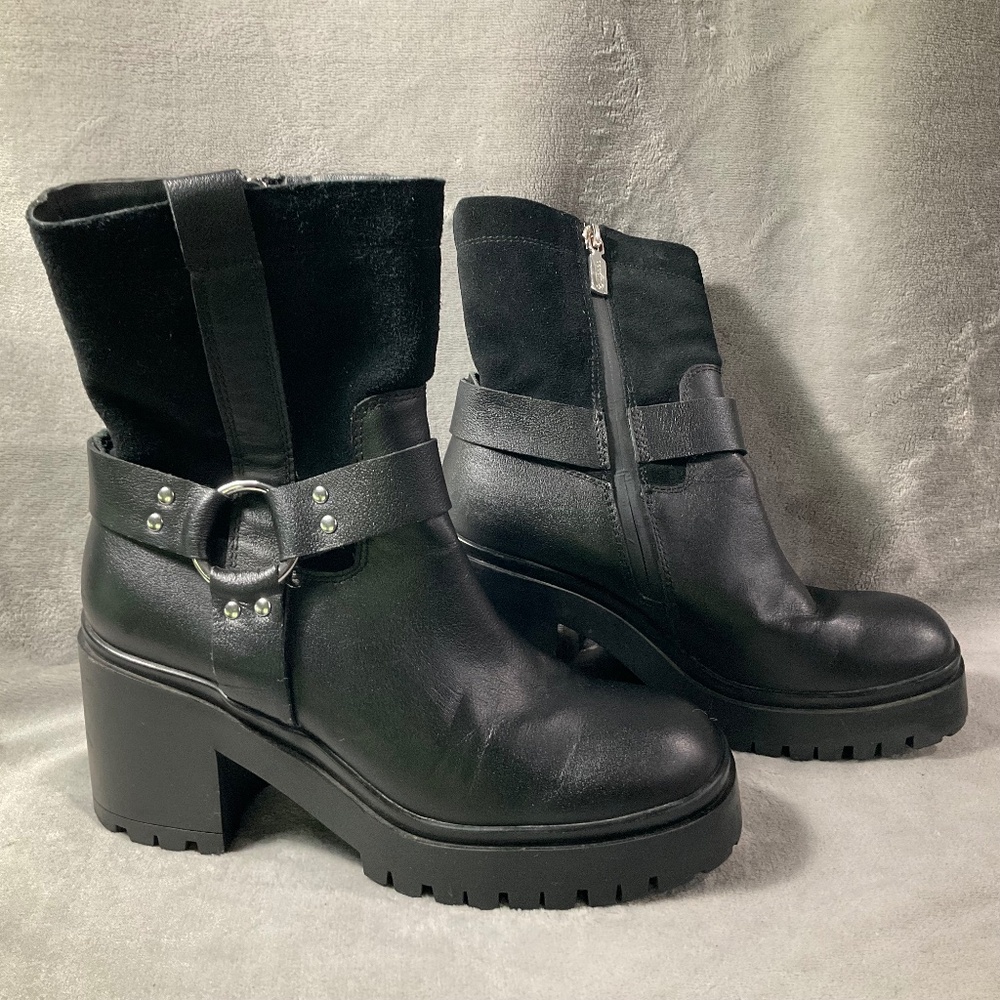 New Blondo Rebel women’s black leather ankle boots side zip SZ 6.5M Moto Biker